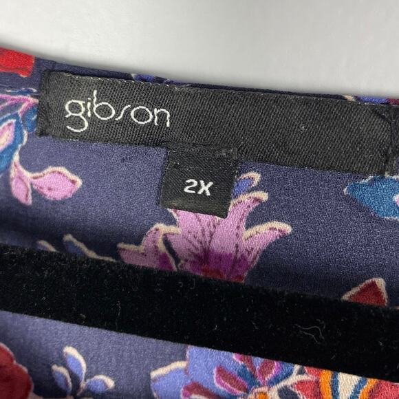 Gibson, Size 2X, Navy Floral Paisley Blouse, Red & Purple Print, Boho, Relaxed - Picture 3 of 7